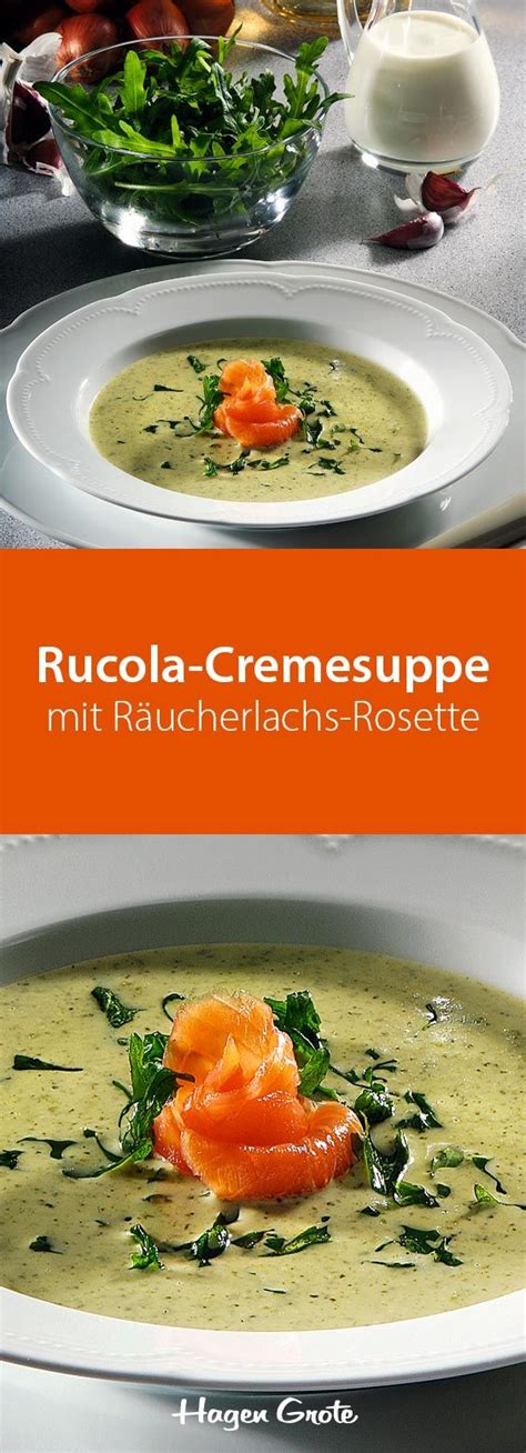 Rucola Cremesuppe mit Räucherlachs Rosette Lebensmittel essen Suppen
