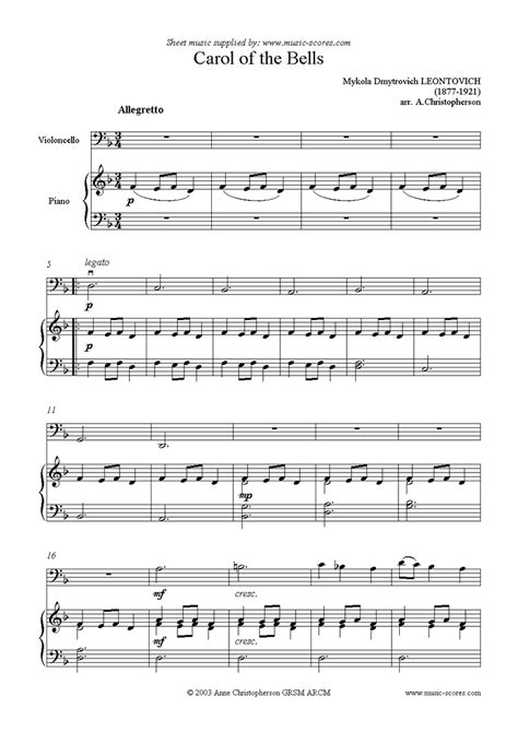 Select the image below for a printable pdf of the carol. Carol of the Bells - Cello sheet music by Mykola ...