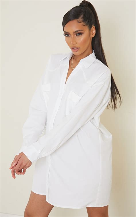 White Detail Button Up Oversized Shirt Dress Prettylittlething Uae