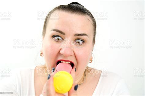 Plump Fat Woman Biting Pink Pasta Laughing Stuck Out Her Tongue Raised