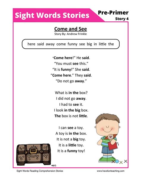 Come And See Pre Primer Sight Words Reading Comprehension Worksheet By