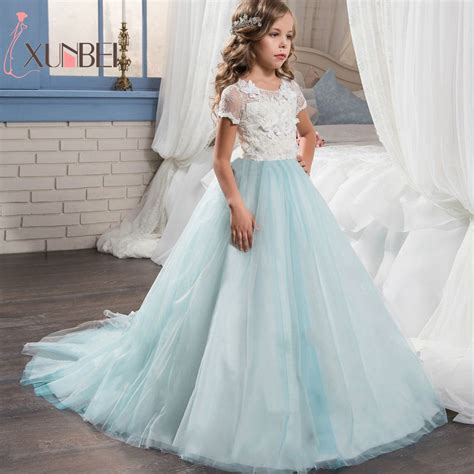 floor length princess light sky blue lace flower girl dresses 2018 applique girls pageant dress