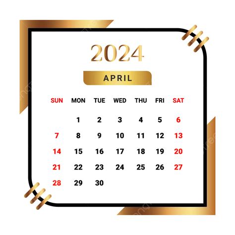 Calendario Del Mes De Abril De 2024 Con Negro Y Dorado Vector Png Calendario Mensual