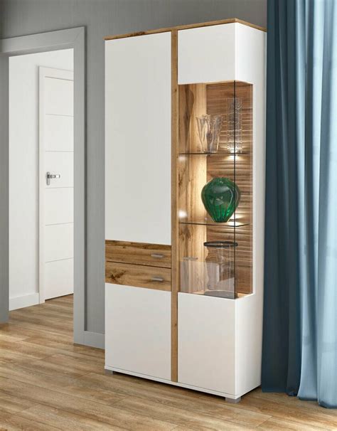 Modern White And Oak Tall Glass Display Cabinet 3 Doors Led Light Large
