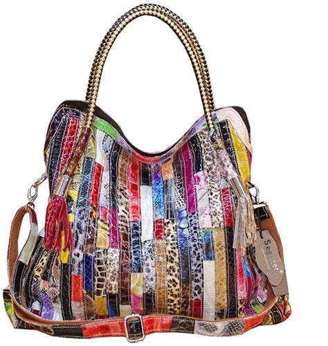Womens Multicolor Boston Bag Genuine Leather Colorful Large Tote