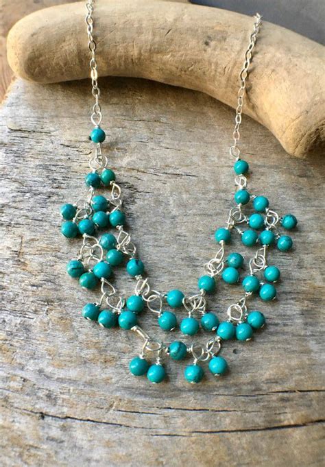 Turquoise Bib Necklace Sterling Silver Turquoise Statement Etsy
