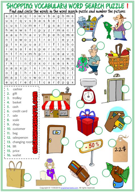 Shopping Vocabulary Esl Word Search Puzzle Worksheets