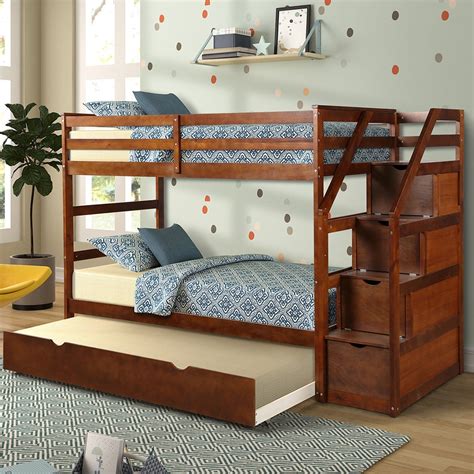 Sentern Wood Bunk Bed With Trundle Twin Over Twin Walnut