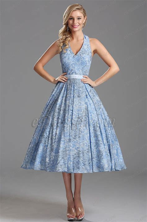 Light Blue Plunging V Neck Tea Length Party Dress X04161232