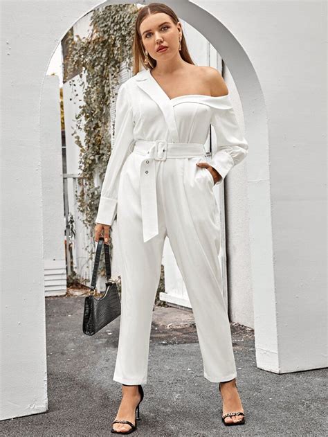 Plus Solid Asymmetrical Neck Belted Jumpsuit Shein South Africa