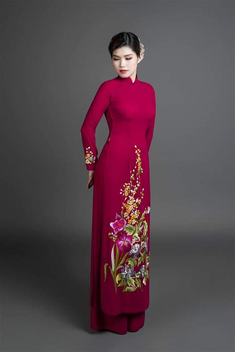 custom ao dai vietnamese traditional dress in burgundy silk with stunning embroidered floral