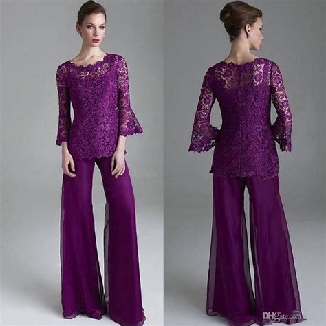 Classy Purple Lace Mother Of The Bride Pant Suits Sheer Jewel Neck Long Sleeves Wedding Gue
