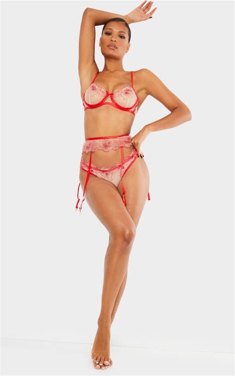 Red Embroidered Cup 3pc Lingerie Set Prettylittlething Usa