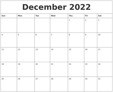 December 2022 Calendar Month