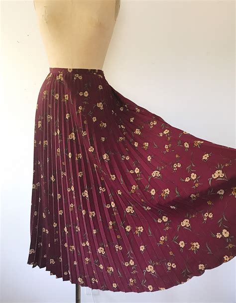 Pleated Maxi Skirt 90s Vintage Skirt Floral Wine Pleated Skirt