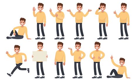 Set Of A Guy In Casual Clothes In Different Poses A Character For Your