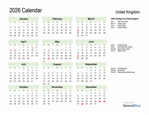 Holiday Calendar 2026 For United Kingdom Sunday Start