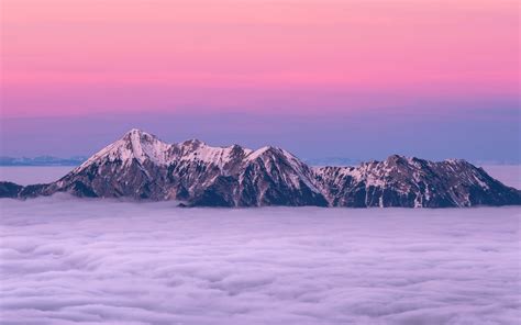 Desktop Wallpaper Sunset Pink Skyline Clouds Mountains Cliff Hd