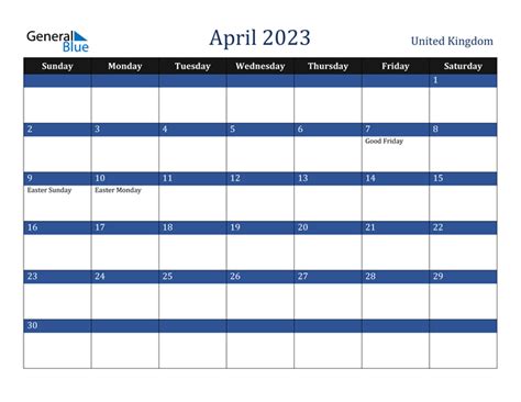 April 2023 Calendar With United Kingdom Holidays