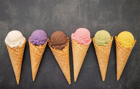 Premium Photo Various Of Ice Cream Flavor In Cones Blueberry