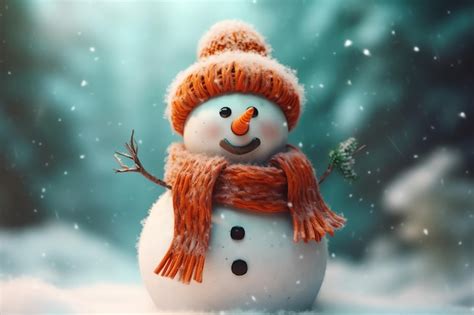 Premium Ai Image A Snowman Wearing A Hat And Scarf Stands In A Snowy