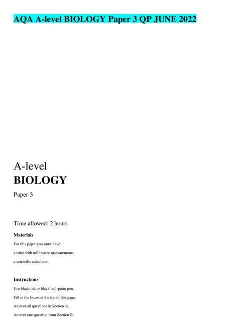 Aqa A Level Biology Paper 3 Qp June 2022 Browsegrades
