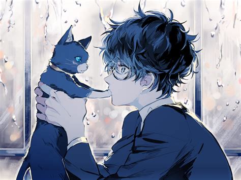 Download 2048x1536 Persona 5 Kurusu Akira Anime Boy Cat Glasses