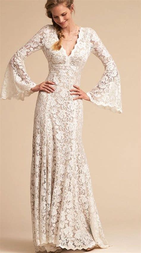 Boho Lace Flare Long Sleeves Wedding Dress Bell Sleeve Floral Vintage