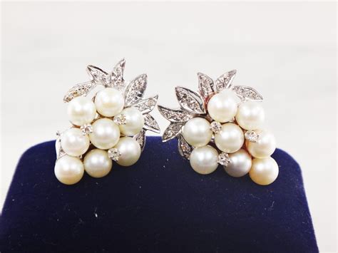 Vintage Japanese Cultured Pearl Earrings 14k White Gold Pearl Diamond