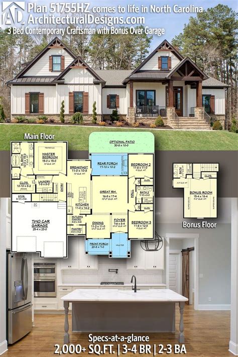 Plan 51755hz 3 Bed Contemporary Craftsman With Bonus Over Garage