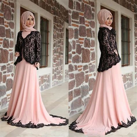 Modest Muslim Evening Dresses Long Sleeves High Neck A Line Court Train Pearl Pink Chiffon Black