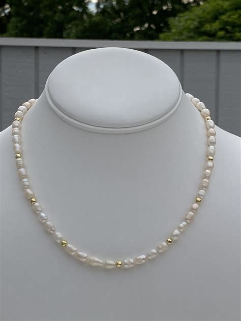 Rice Freshwater Pearl Necklace Gold Beads With Pearls Etsy