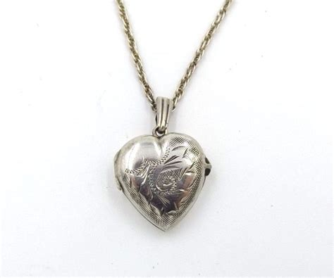 Silver Heart Locket Necklace Small Engraved Locket On A Long Chain