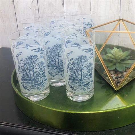 Set Of 4 Vintage Currier And Ives Blue Glasses By Royal Usa Etsy