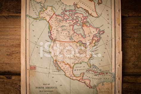 Old Color Map Of North America From 1870 Wood Background Stock Photo