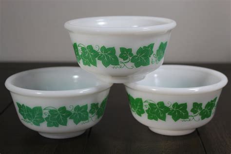 Vintage Hazel Atlas Green Ivy On Milk Glass Bowls Etsy