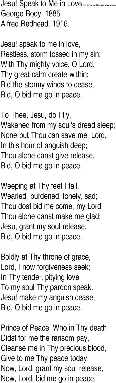 Hymn And Gospel Song Lyrics For Jesu Speak To Me In Love By George Body