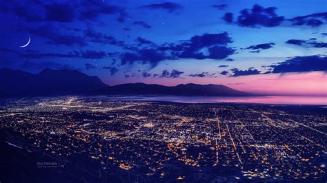 City Dreamscape Lights Night Moon Mountains Hd Nature 4k Wallpapers