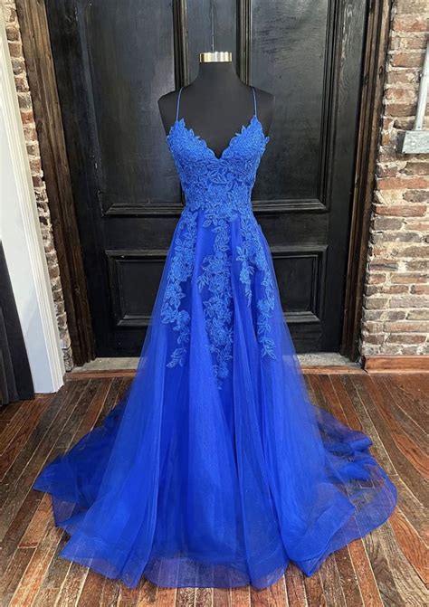A Line Princess V Neck Sweep Train Tulle Prom Dress With Appliqued Prom Dresses Uk