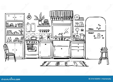 Vector Line Drawing Of A Cozy Kitchen Stock Vector Illustration Of