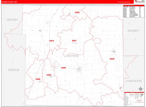 Daviess County, MO Zip Code Wall Map Red Line Style by MarketMAPS