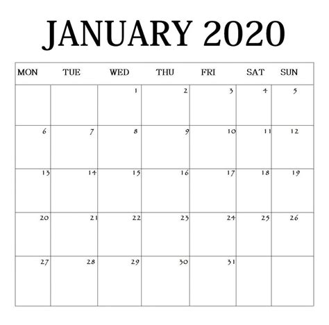 January 2020 Blank Calendar Template Blank Calendar Template Free