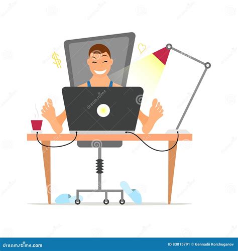 Freelancer Working Remotely From His Desk Freelance Concept In Flat