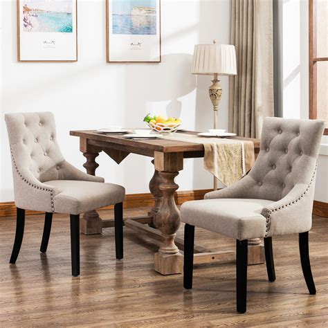 Upholstered dining chair can add charm and style to your dining space. Set of 2 Curved Shape Linen Fabric Upholstered Dining ...
