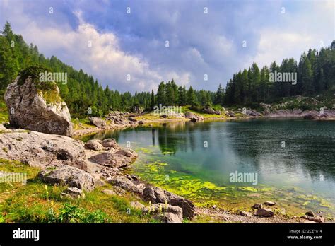 Double Lake In Triglav Lakes Valley Beautiful Lake Next To The Hut By