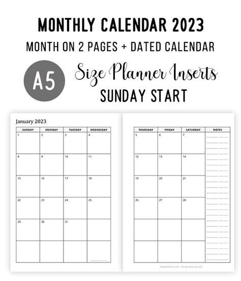 A5 Monthly Calendar 2023 Month On 2 Pages Sunday Start