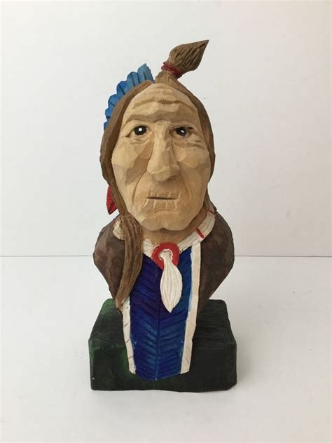 Original Hand Carved Wooden Old Indian Chief Bust Rustic And Painted Indian Chief Painting On