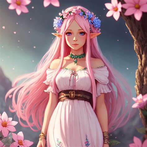 Cute Elf Long Light Pink Hair Flowers In Hair Blu