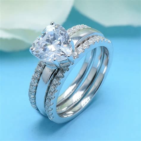 Buy Hutang 3pcs Heart Shape Simulated Diamond Wedding Ring Sets Solid 925