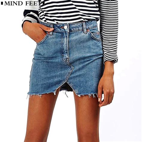 Mind Feet Women Slim Mini Denim Skirts High Waist Casual Stitching